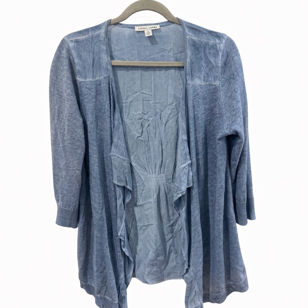 Tribal Jeans Blue Open Front Cardigan Chiffon Panel Lightweight Boho Top Size M